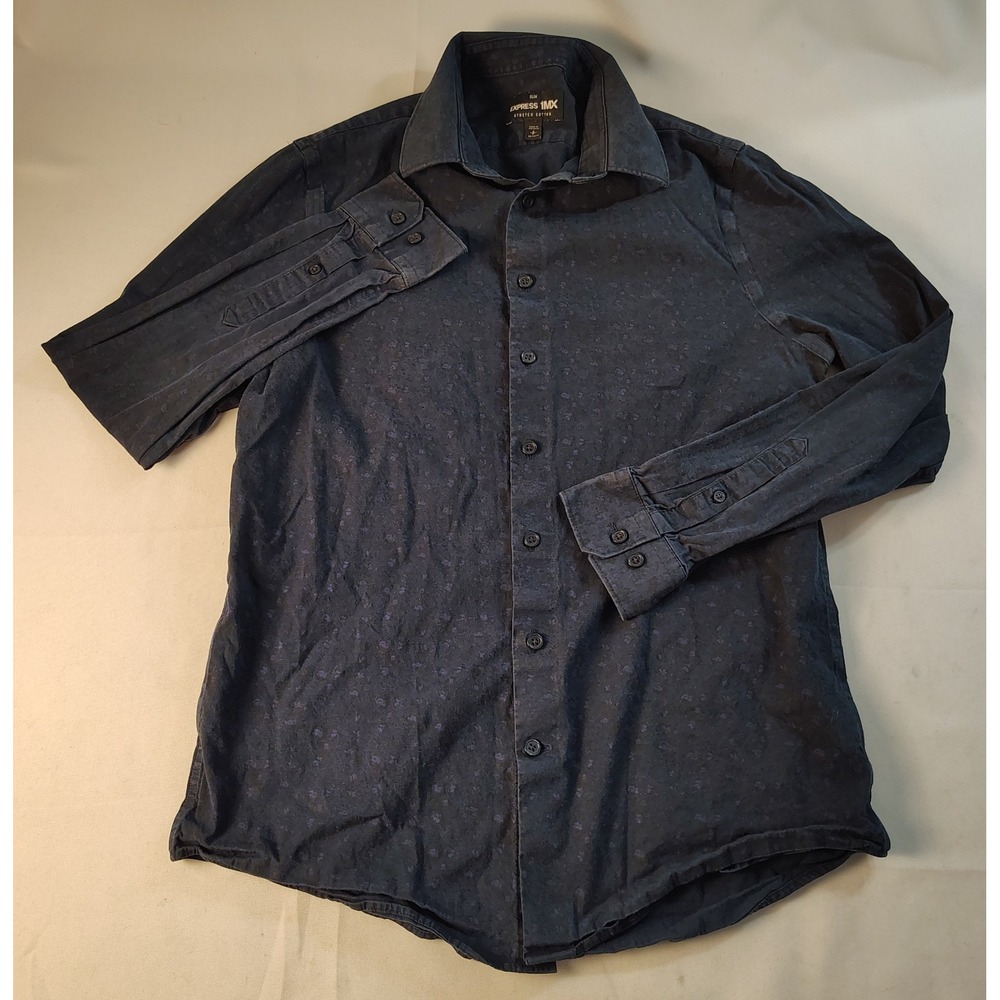 Express 1MX Slim Fit Stretch Cotton Shirt Mens Small Dark Blue Floral Button Up